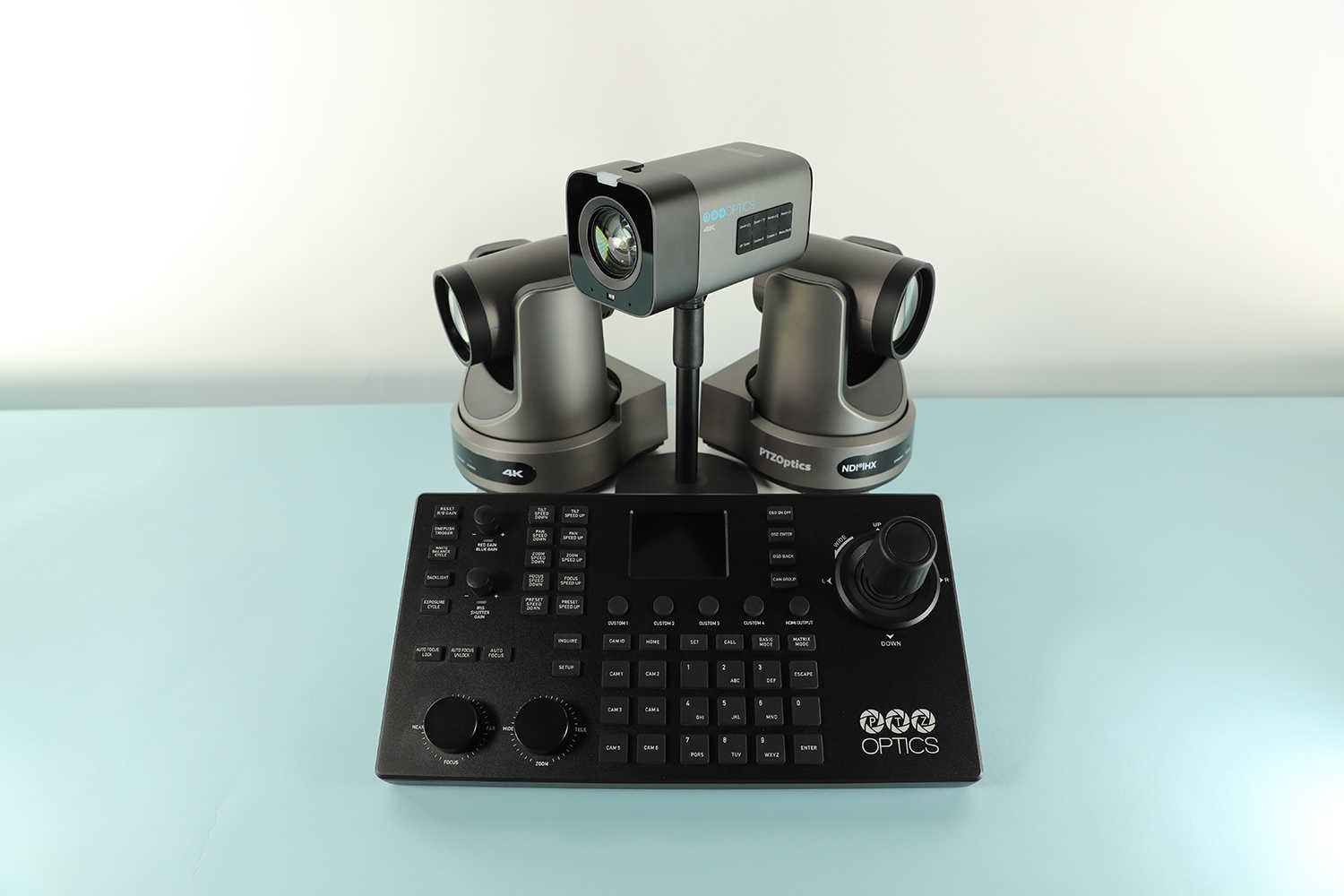 Flex bundle featuring two PTZ cameras, Studio 4K camera, and SuperJoy joystick